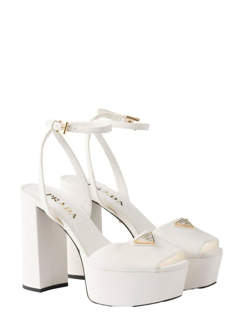 Prada White Leather Platform Block Heel Sandals with Gold Logo - Picture 10 of 12